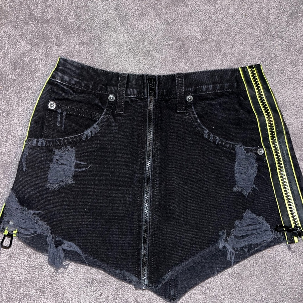 Black distressed denim skirt with zipper detailing